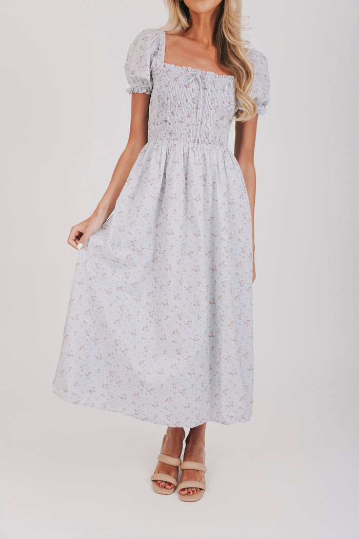 blue floral dress with puff sleeves