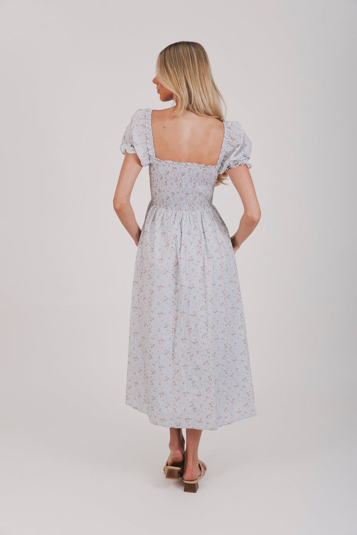 blue floral dress with puff sleeves