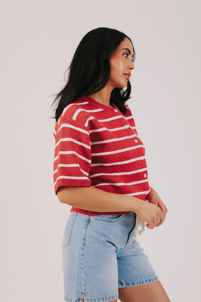 Red and white striped knit button up top