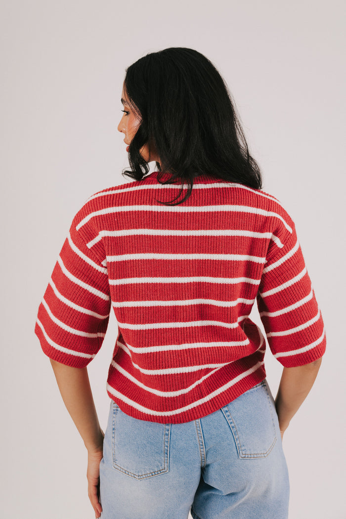 Red and white striped knit button up top