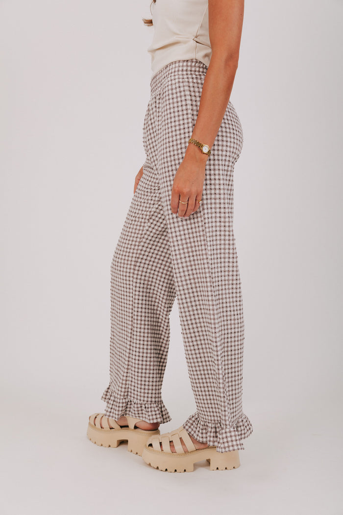 brown and white gingham pants with ruffled cuffs side
