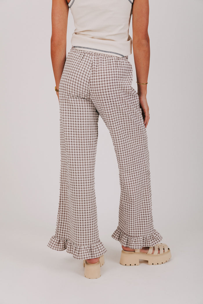 brown and white gingham pants with ruffled cuffs back