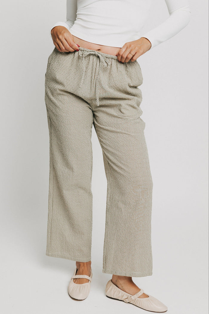sage gingham textured pants with elastic waistband