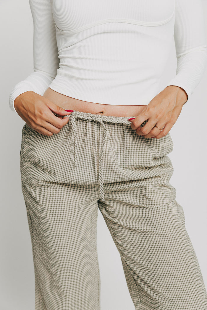 sage gingham textured pants with elastic waistband close