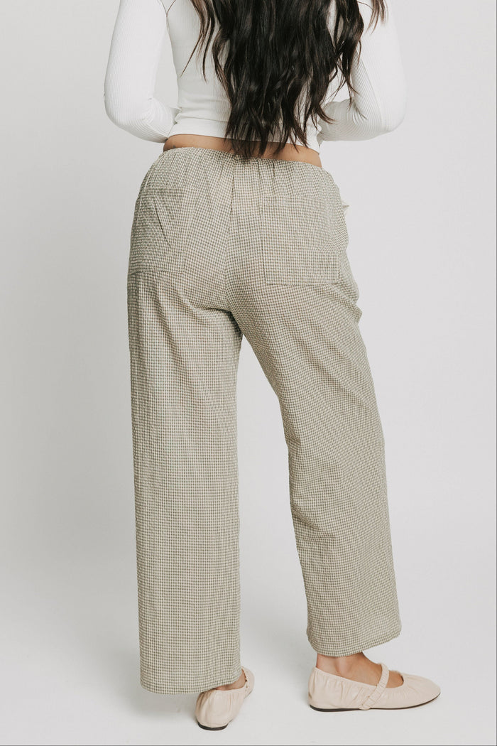 sage gingham textured pants with elastic waistband