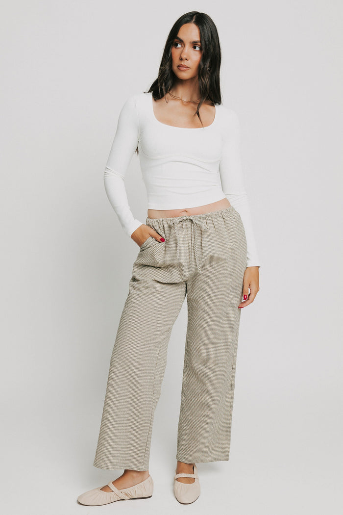 sage gingham textured pants with elastic waistband full