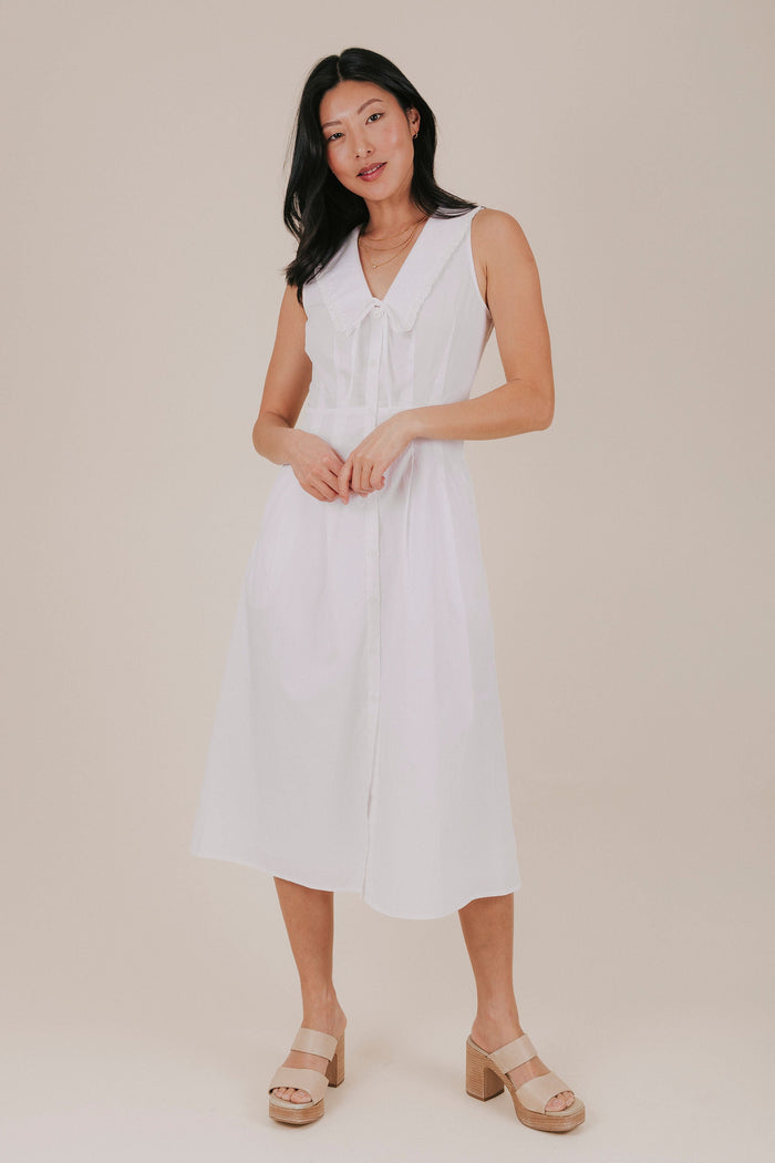 white pan collar pleated bow lined dress front