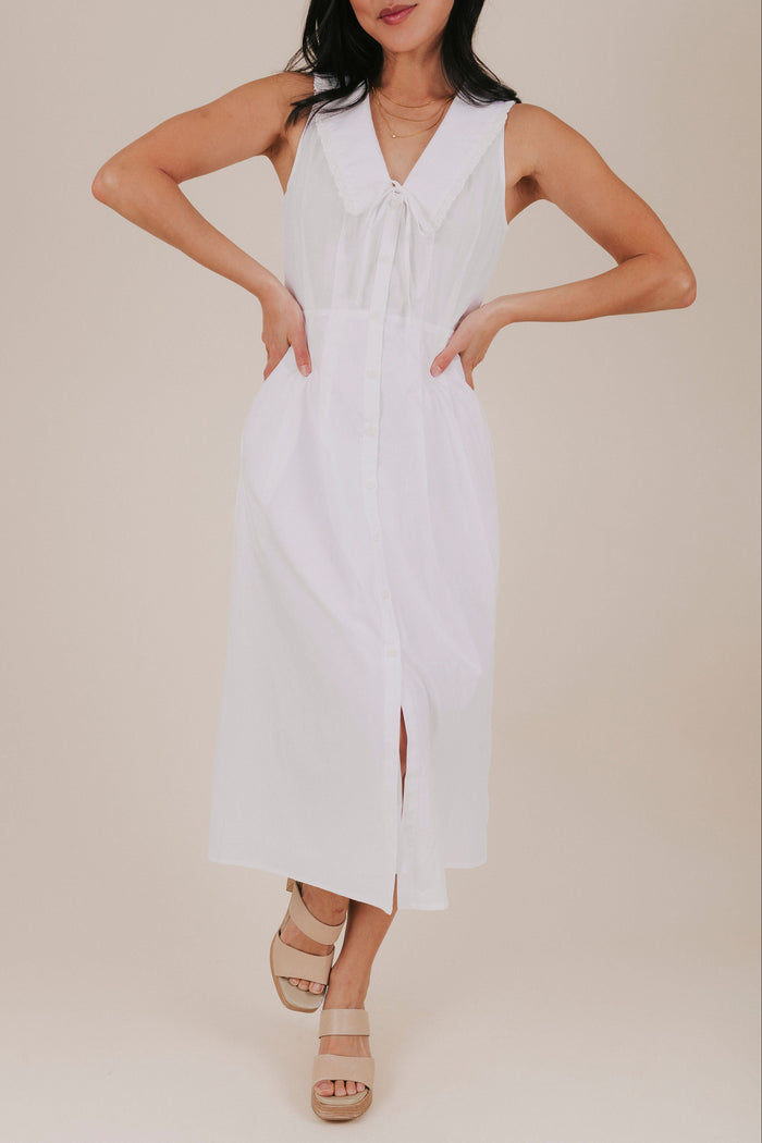 white pan collar pleated bow lined dress front 2