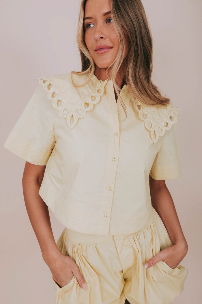 yellow peter pan collar blouse detail