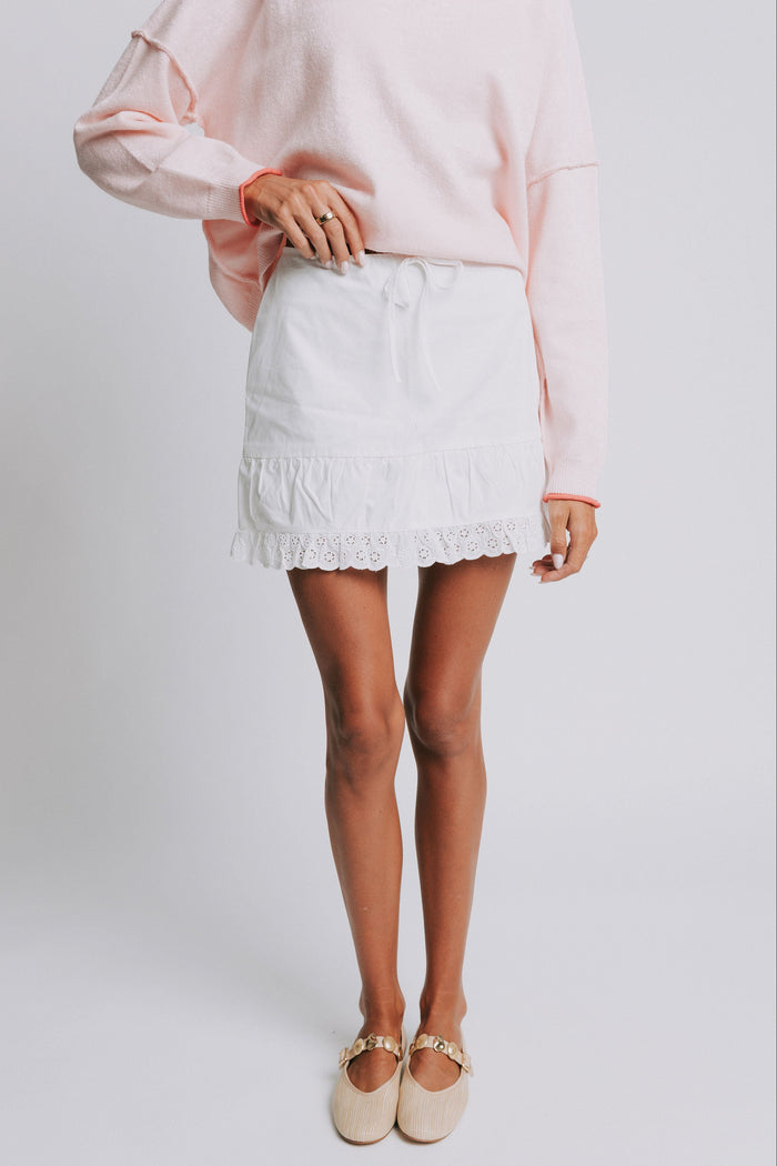 white mini skirt with eyelet lace trim full