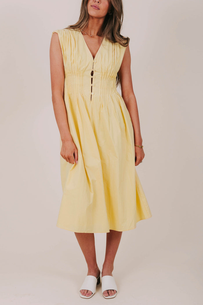 yellow pleated button down midi dress front