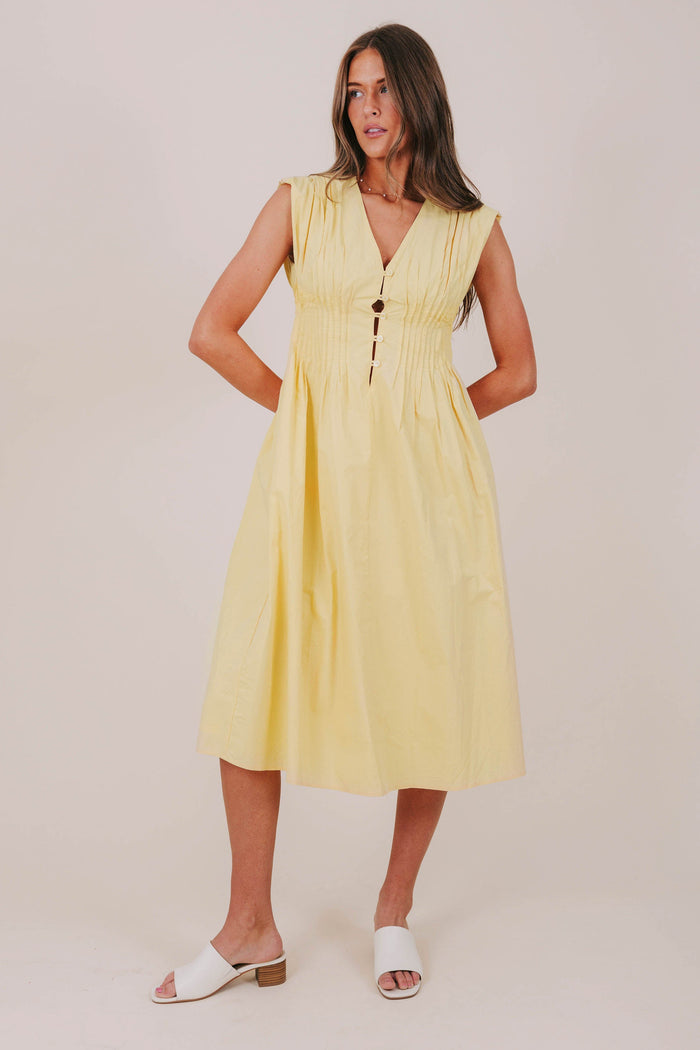 yellow pleated button down midi dress full