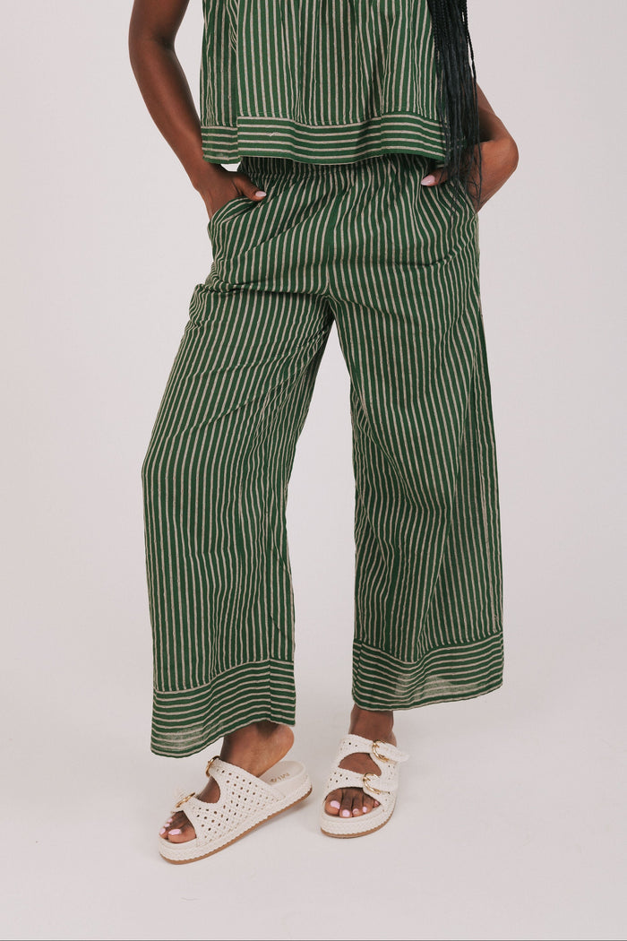 green and tan striped pants front