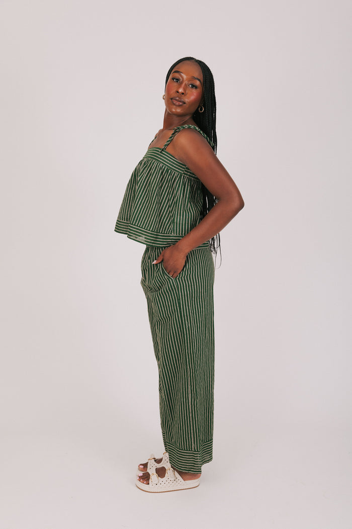 green and tan striped pants side