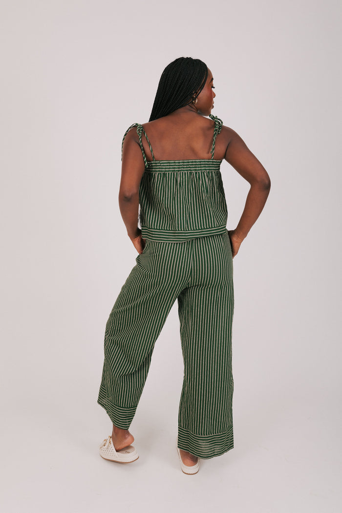 green and tan striped pants back
