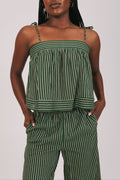 green and tan striped top with thin straps close