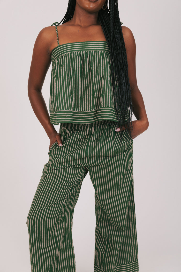green and tan striped top with thin straps full