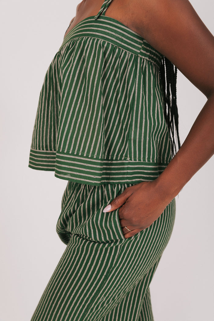 green and tan striped top with thin straps side