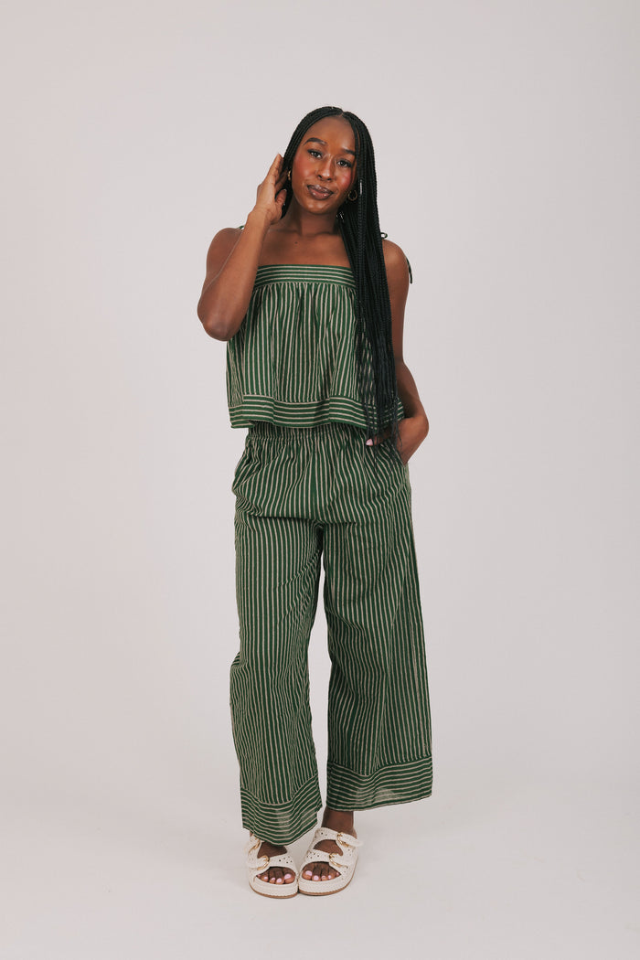 green and tan striped top with thin straps full set