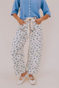 Denim patterned pants woven tied belt off-white pockets