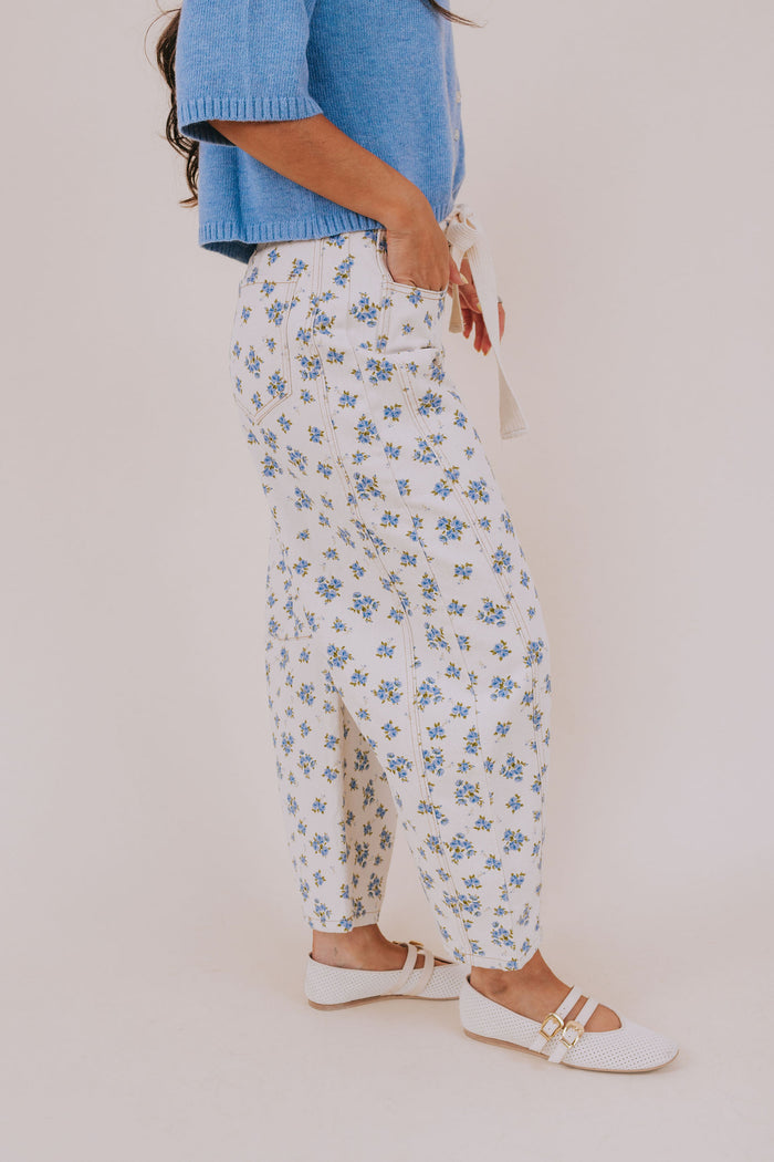 Denim patterned pants woven tied belt off-white pockets