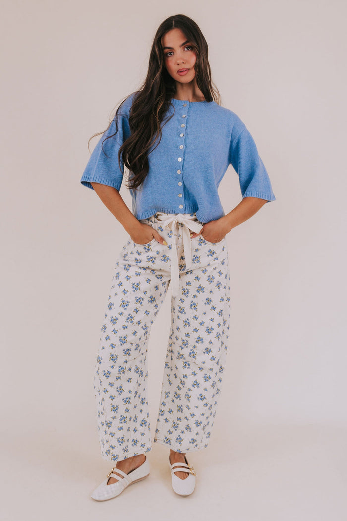 Denim patterned pants woven tied belt off-white pockets