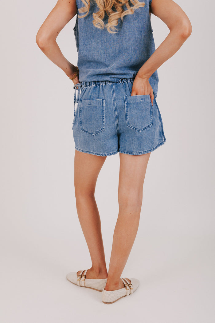 denim skort with tie at the waist back