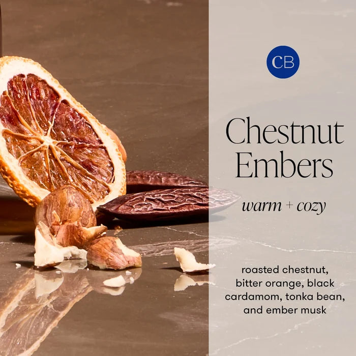 Chestnut Embers fragrance description of warm and cozy with roasted chestnut, bitter orange, and black cardamom.