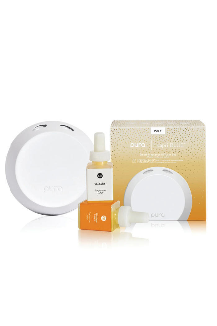 smart home diffuser kit including plug in diffuser and two bottles of fragrance in volcano and pumpkin dulce in an orange box.