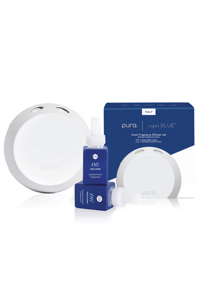 Capri Blue + Pura smart fragance diffuser set with two refills in scent volcano.