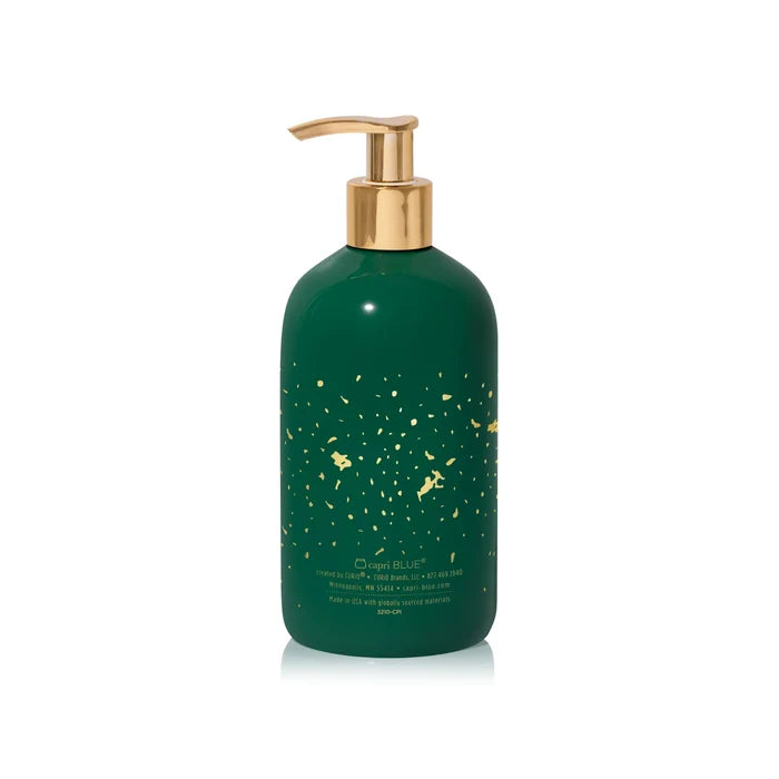 Capri blue crystal pine glimmer hand wash bottle in green, with gold accents.