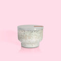 A white, mercury pearl etched finish candle jar with a lid