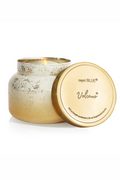 White to gold gradient candle jar with gold lid in volcano by capri blue.