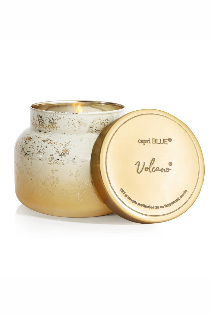 White to gold gradient candle jar with gold lid in volcano by capri blue.