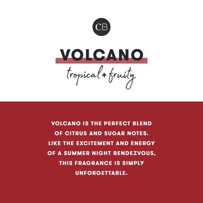 'Volcano' fragrance description with tropical and fruity themes with a blend of sugared citrus and tropical fruits.