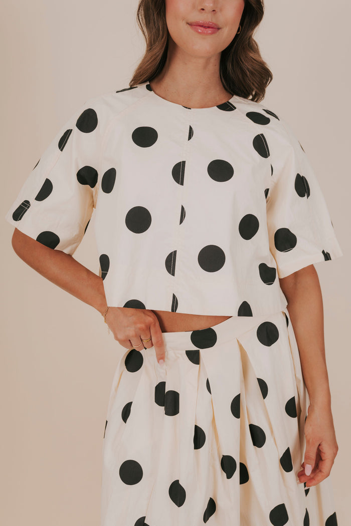 ivory black polka dots open back ties cropped top front