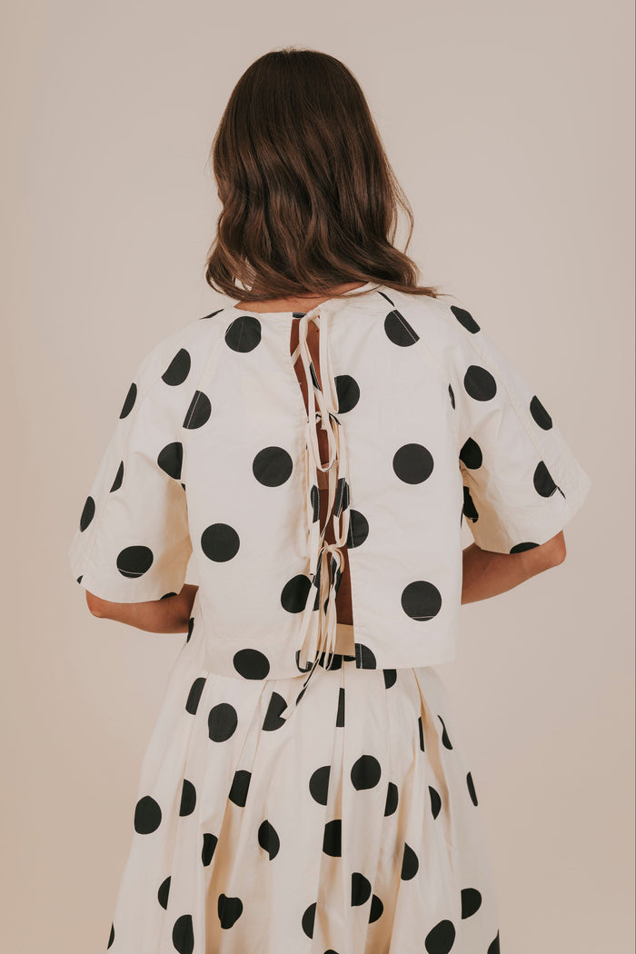 ivory black polka dots open back ties cropped top back
