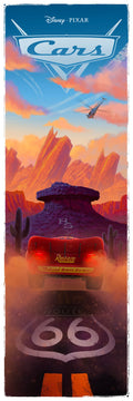 A framed art print featuring Lightning McQueen from the movie Cars, driving into a sunset landscape.