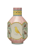 A ceramic vase with a striped pattern and whimsical bird motifs in multicolor.