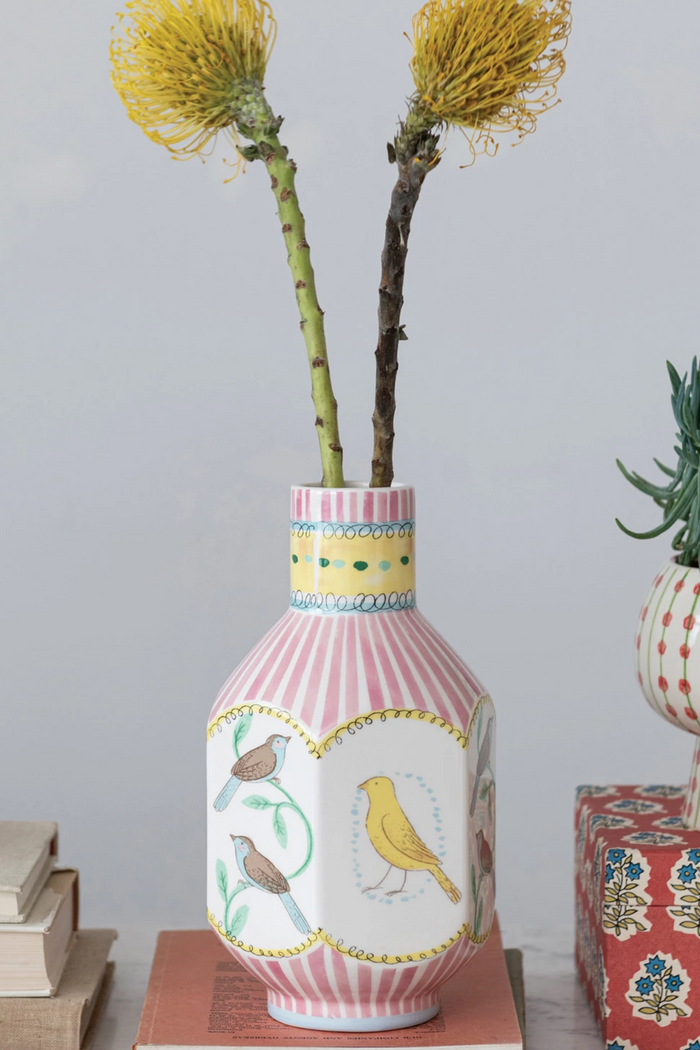 Ceramic Vase w/ Birds, Multi Color