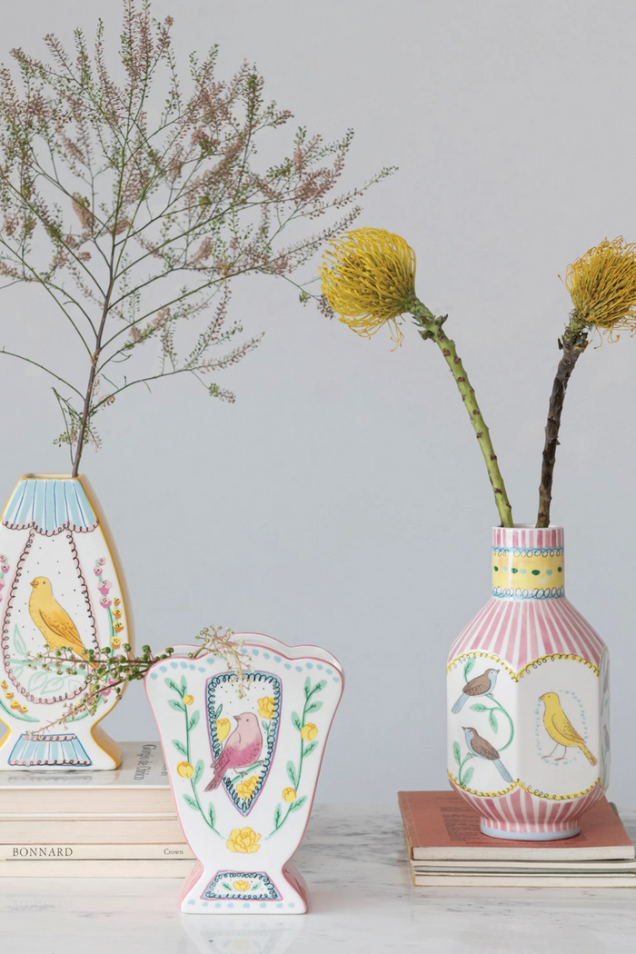 Ceramic Vase w/ Birds, Multi Color