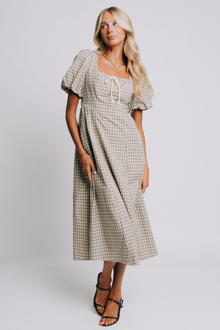 plaid basque waist dress with bow details