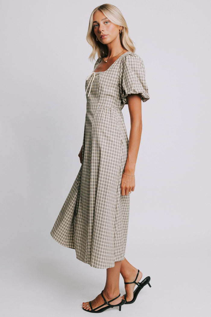plaid basque waist dress with bow details