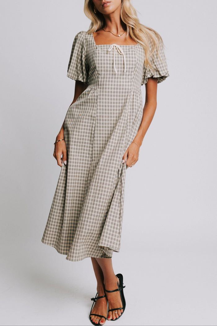 plaid basque waist dress with bow detail