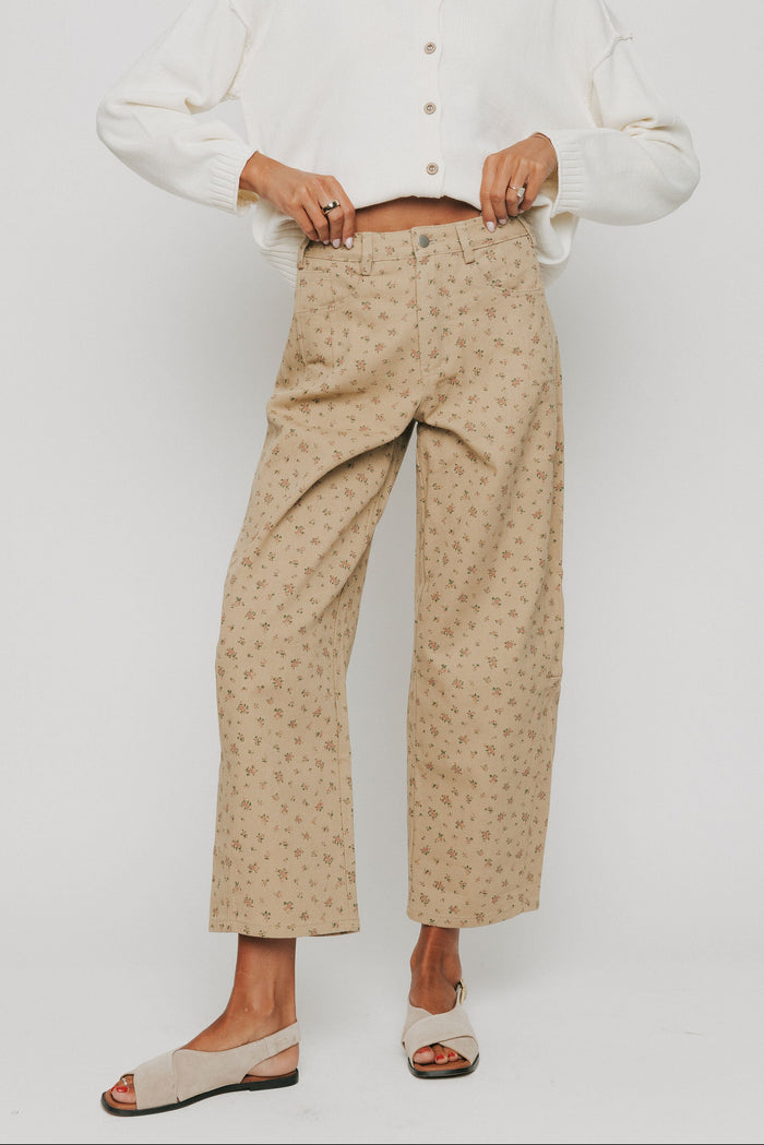 brown floral barrel jeans