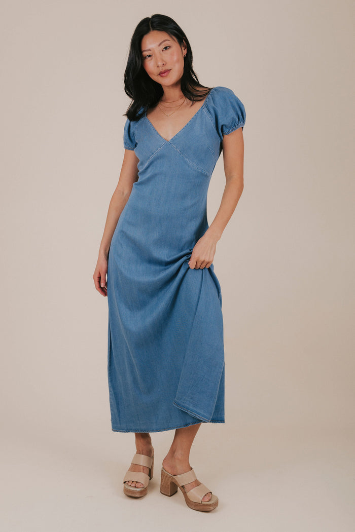 soft denim puff sleeve midi dress full