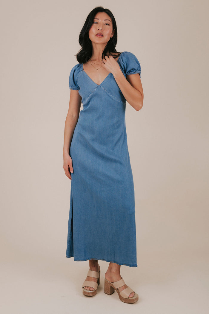 soft denim puff sleeve midi dress full 2