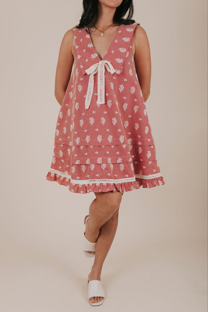 red gingham sailor collar embroidered dress front