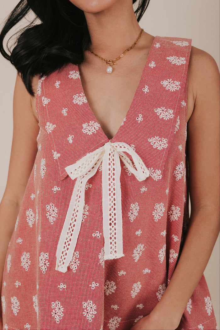 red gingham sailor collar embroidered dress detail