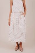cherry tied full midi skirt with pocket front
